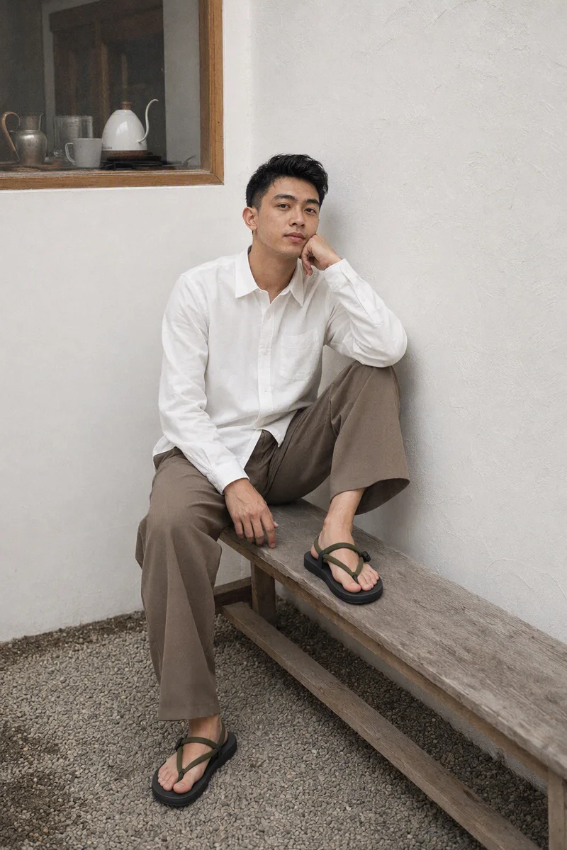 Kasual x Gahalu Wakatobi sandals worn with work trousers.