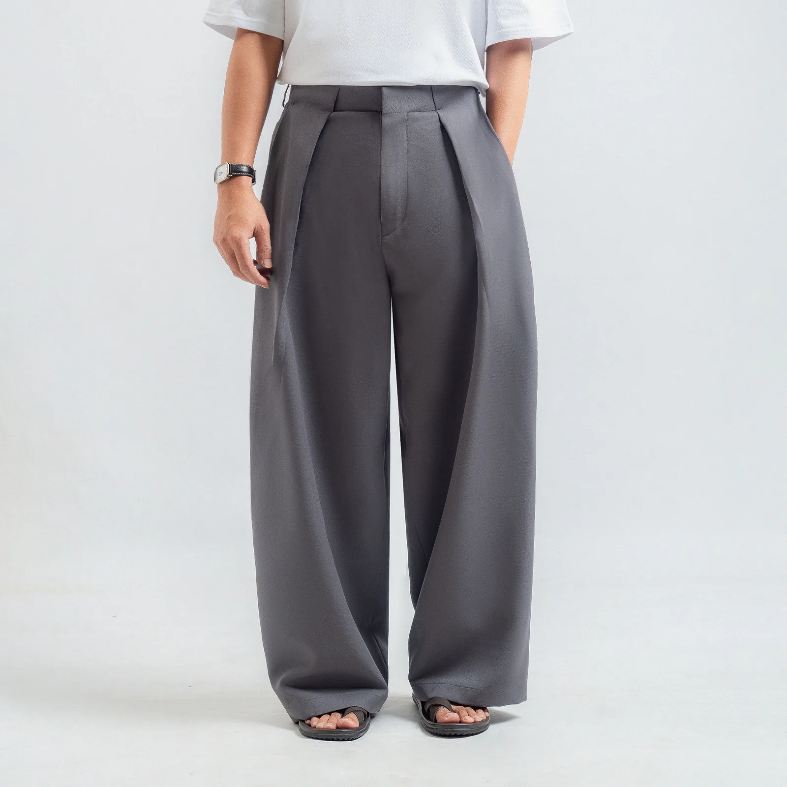 Grey Neu Pleated Wide Pant