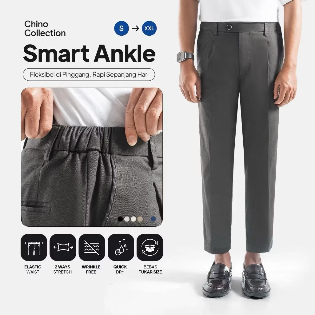 Amber Dark Grey Smart Waist Ankle Chino