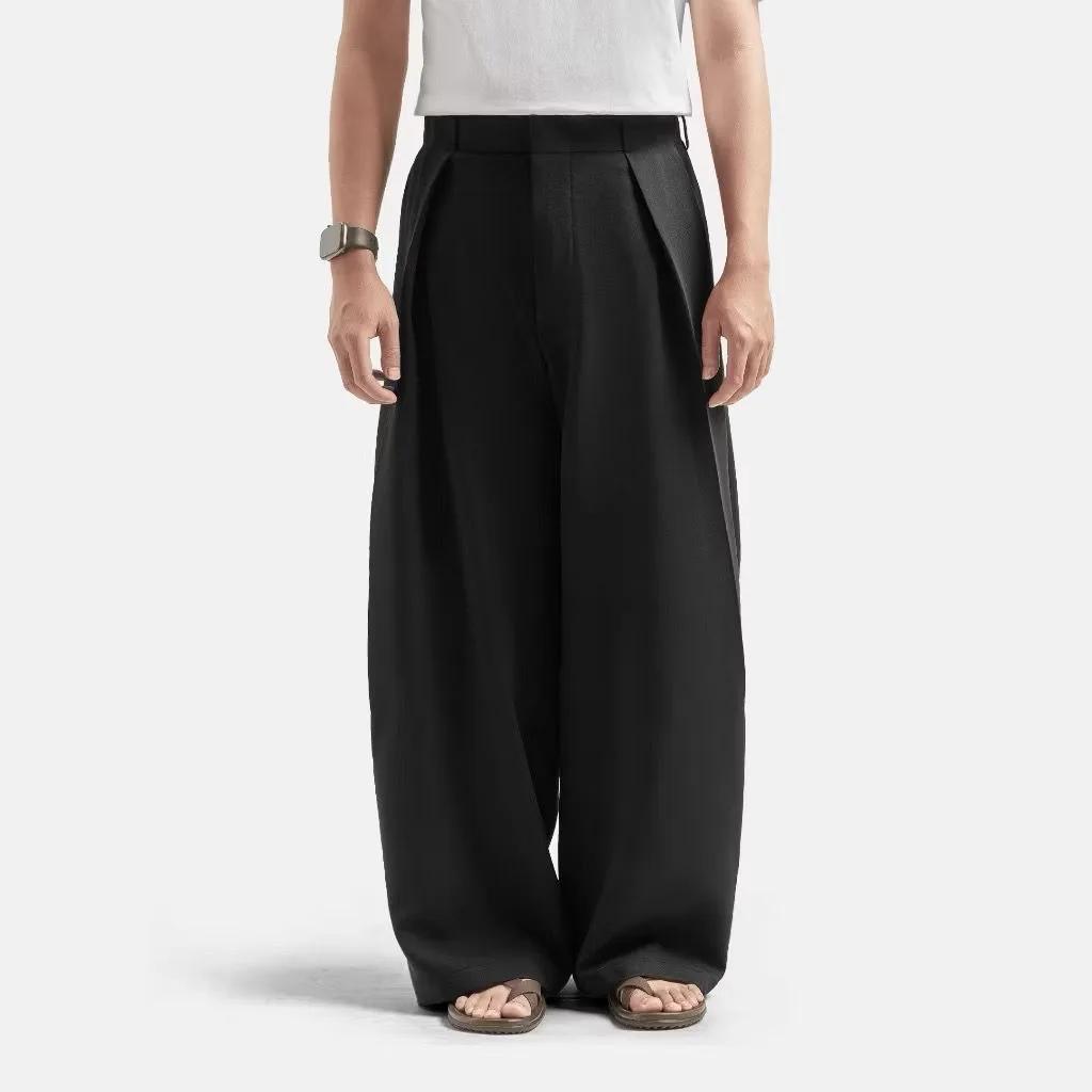 Black men's wide leg pants with front pleats